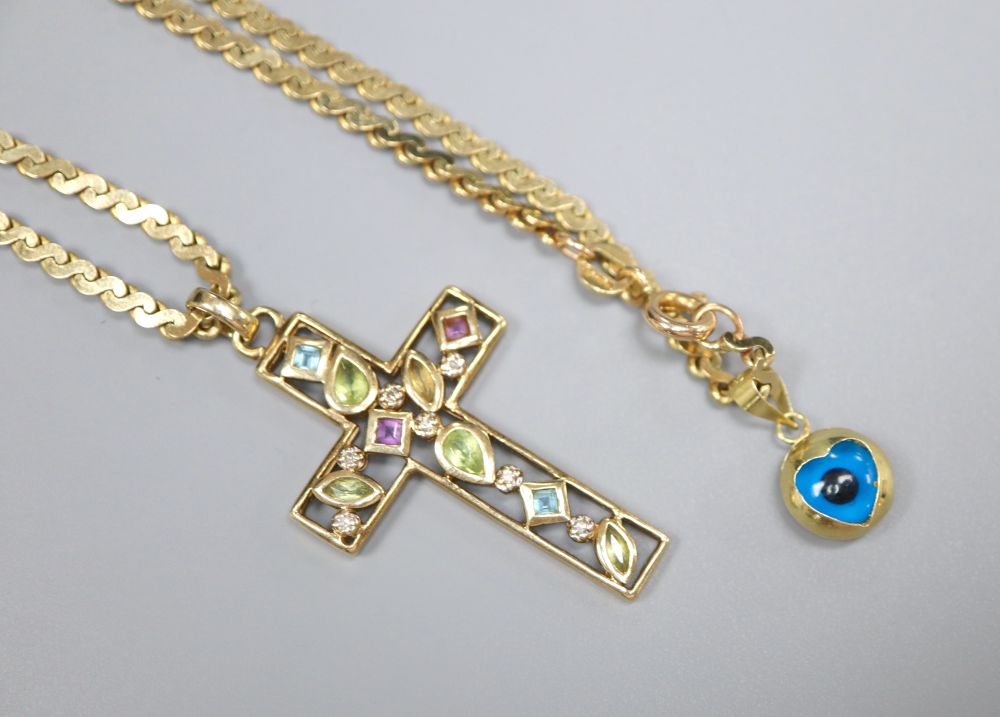 A modern 9ct gold multi-gem-set cross (4cm) on 9ct gold chain (53cm) 14.7g